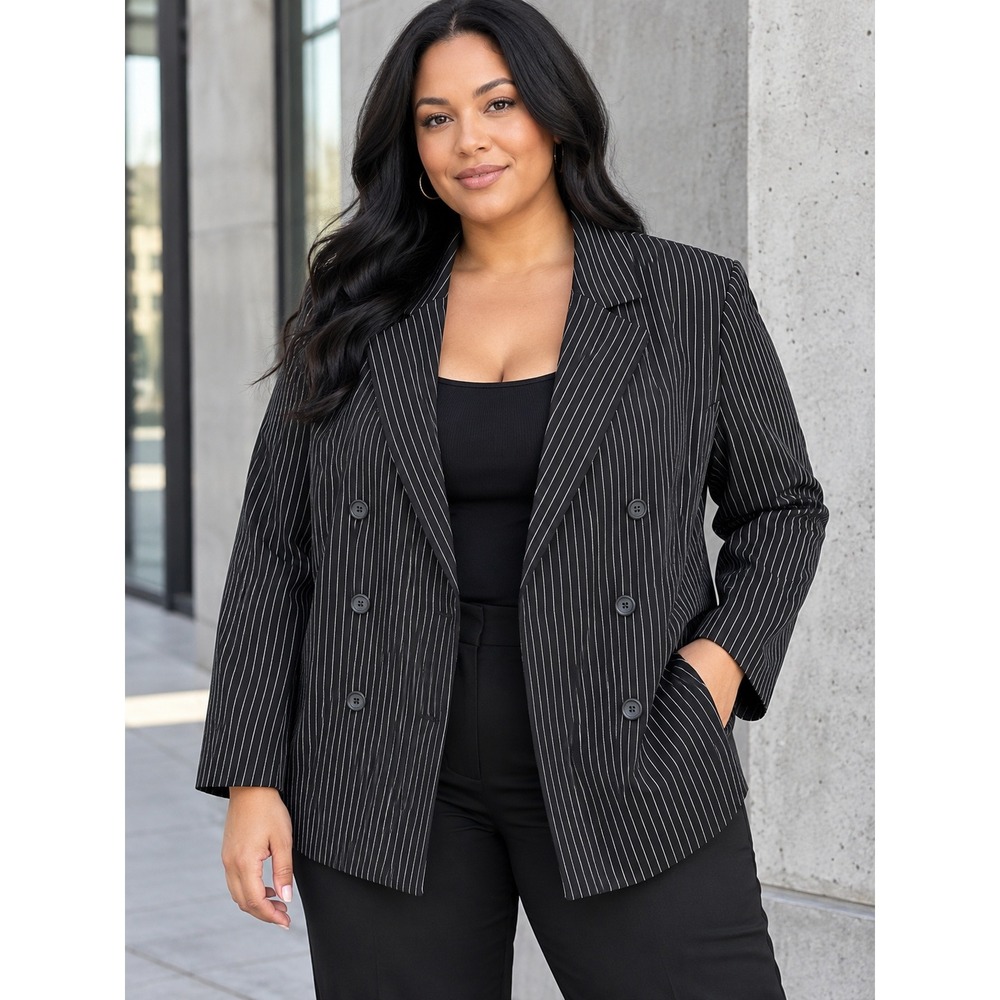Who What Wear Blazer Women 1X Black Pinstripe NEW Double Breasted Preppy Career